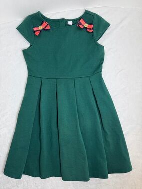 Janie & Jack Girls' Dark Green Pleated Dress with Bow Accent Size 8